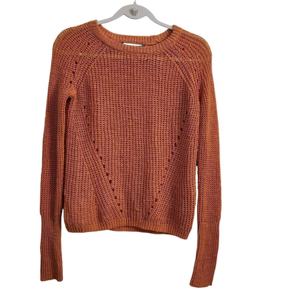 360 Sweater Womens XS Orange Open Pointelle‎ Knit Linen Blend Sweater Crewneck